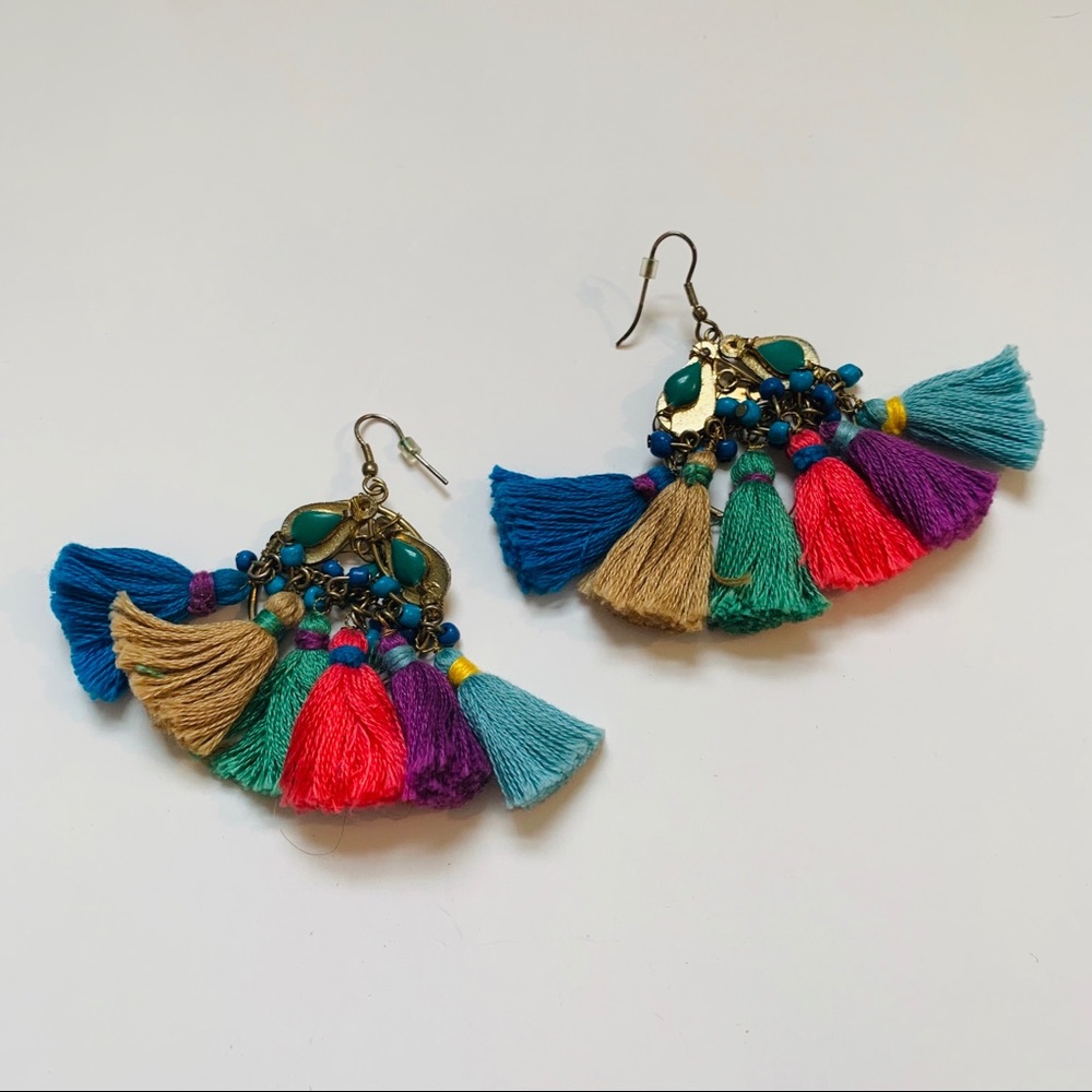 Rainbow Fan Tassel Earrings